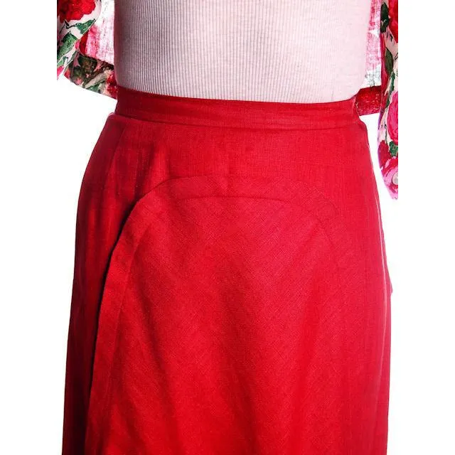 Vintage Red Linen Skirt & Print Blouse Salon Lentheric  1950s 25" Waist