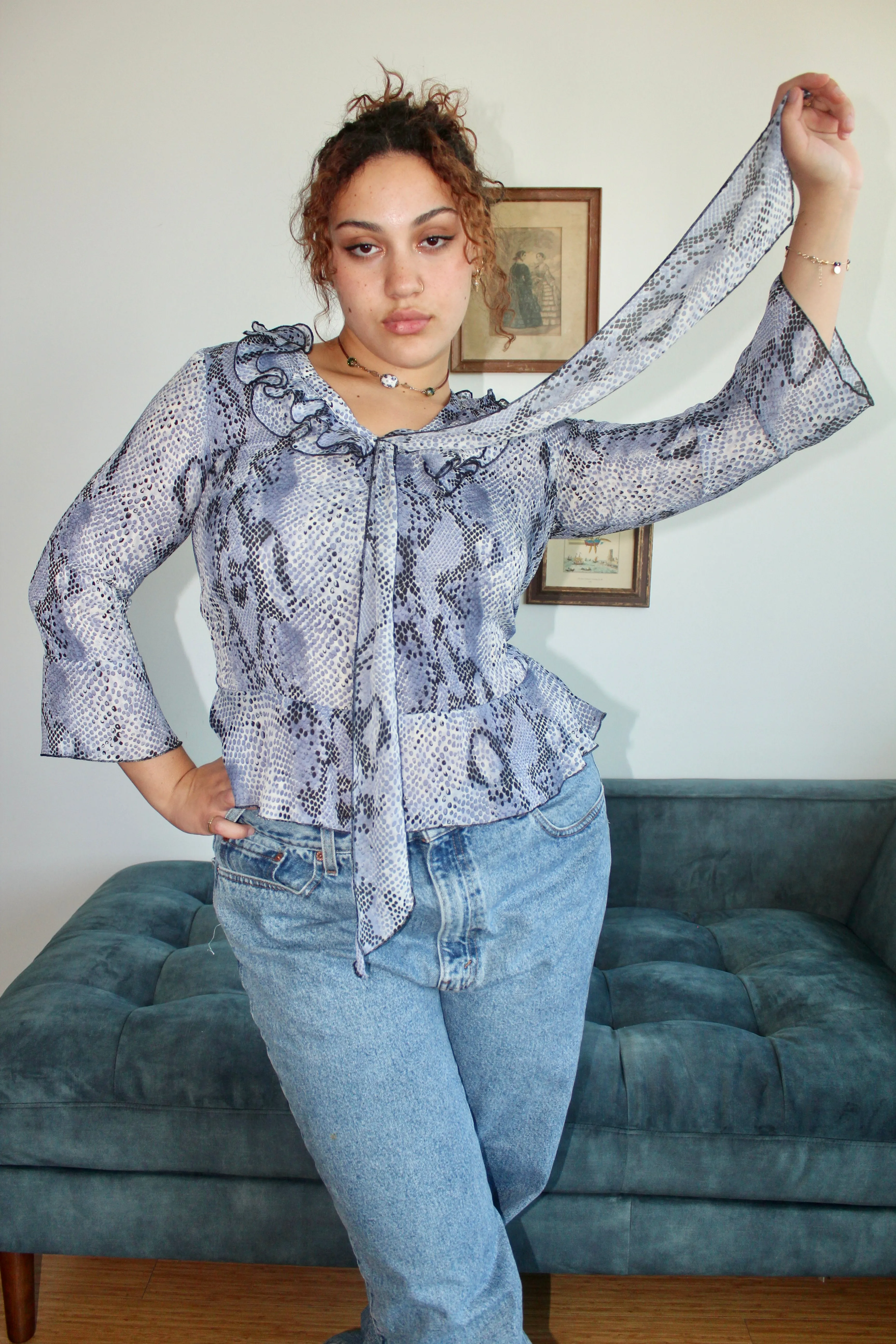 Vintage Ruffled Leopard Print Tie Blouse (M-L)