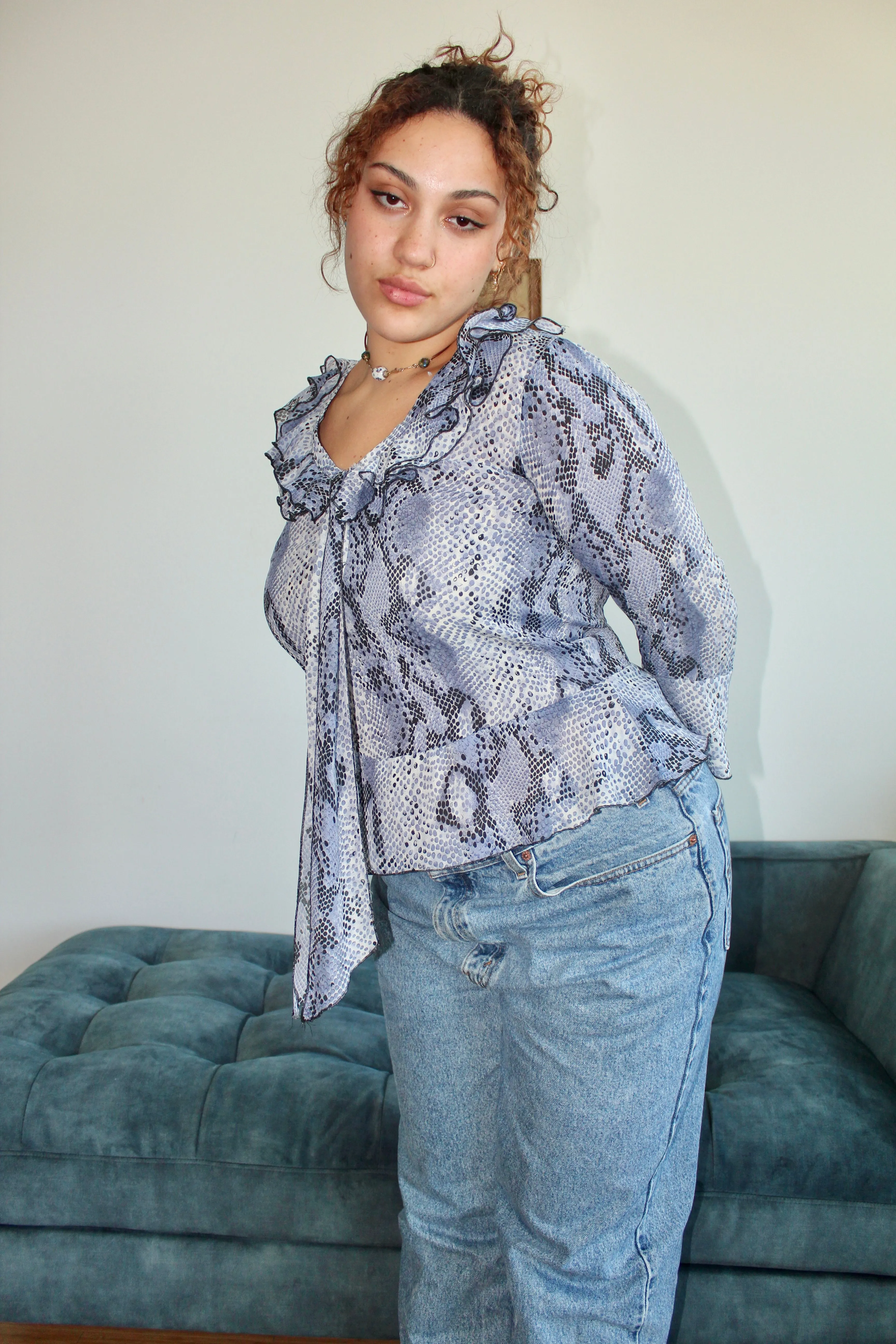 Vintage Ruffled Leopard Print Tie Blouse (M-L)