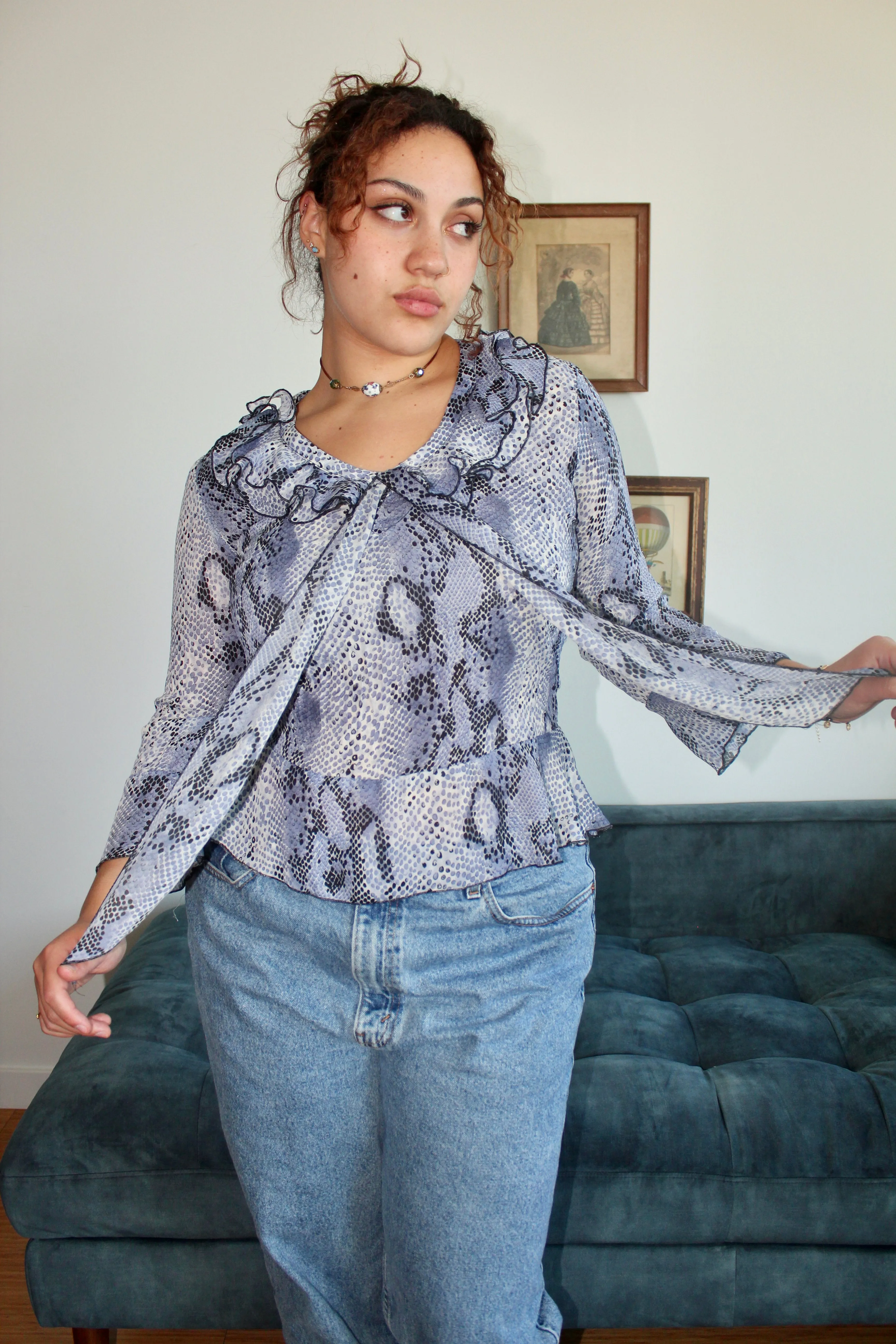 Vintage Ruffled Leopard Print Tie Blouse (M-L)