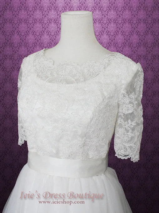 Vintage Style Modest Princess Lace Tulle Wedding Dress with Sleeves | Emery