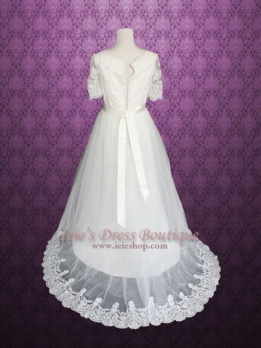 Vintage Style Modest Princess Lace Tulle Wedding Dress with Sleeves | Emery