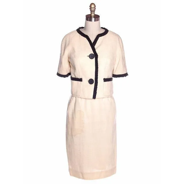 Vintage Suit Ivory Wool /Charcoal Trim Jablow 1950 Costume Damaged