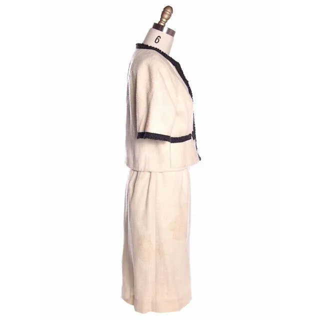 Vintage Suit Ivory Wool /Charcoal Trim Jablow 1950 Costume Damaged