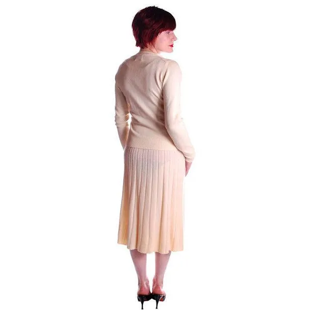 Vintage Womens Size S Cashmere Sweater Suit 1950s Cream Secretary Rockabilly