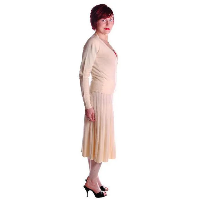 Vintage Womens Size S Cashmere Sweater Suit 1950s Cream Secretary Rockabilly