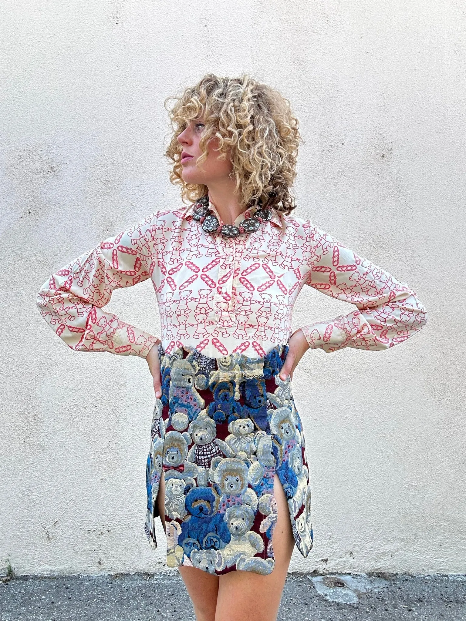 Vintage Zandra Rhodes and Sylvia Ayton Silk Teddy Bear Blouse