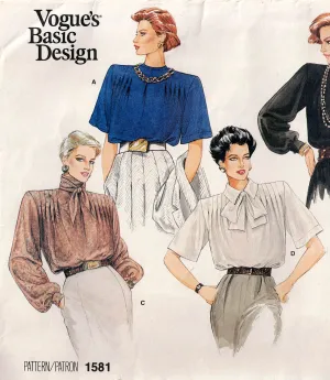 Vogue Basic Design 1581 Womens Tucked Front High Collar Blouses 1980s Vintage Sewing Pattern Size 12 Bust 34 Inches UNCUT Factory Folded