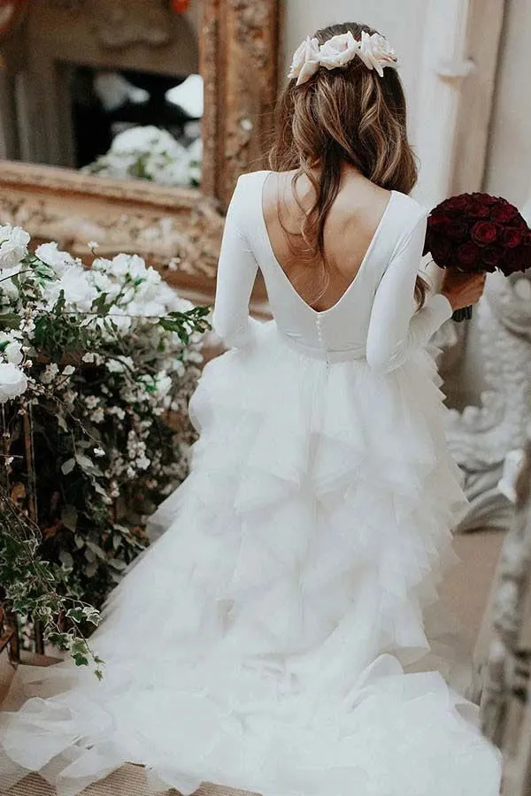White A-line Tulle Bateau Long Sleeves Court Train Wedding Dresses, SW366