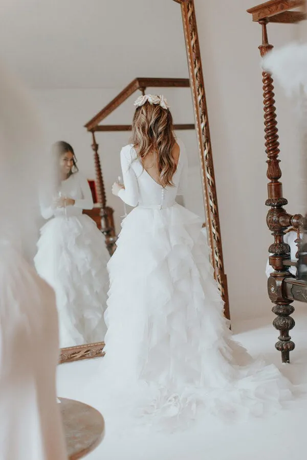 White A-line Tulle Bateau Long Sleeves Court Train Wedding Dresses, SW366