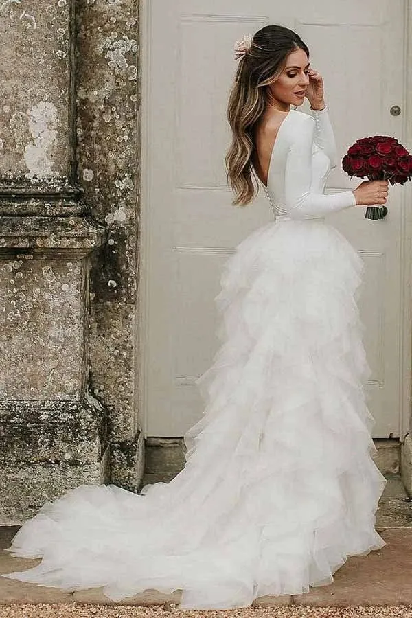 White A-line Tulle Bateau Long Sleeves Court Train Wedding Dresses, SW366