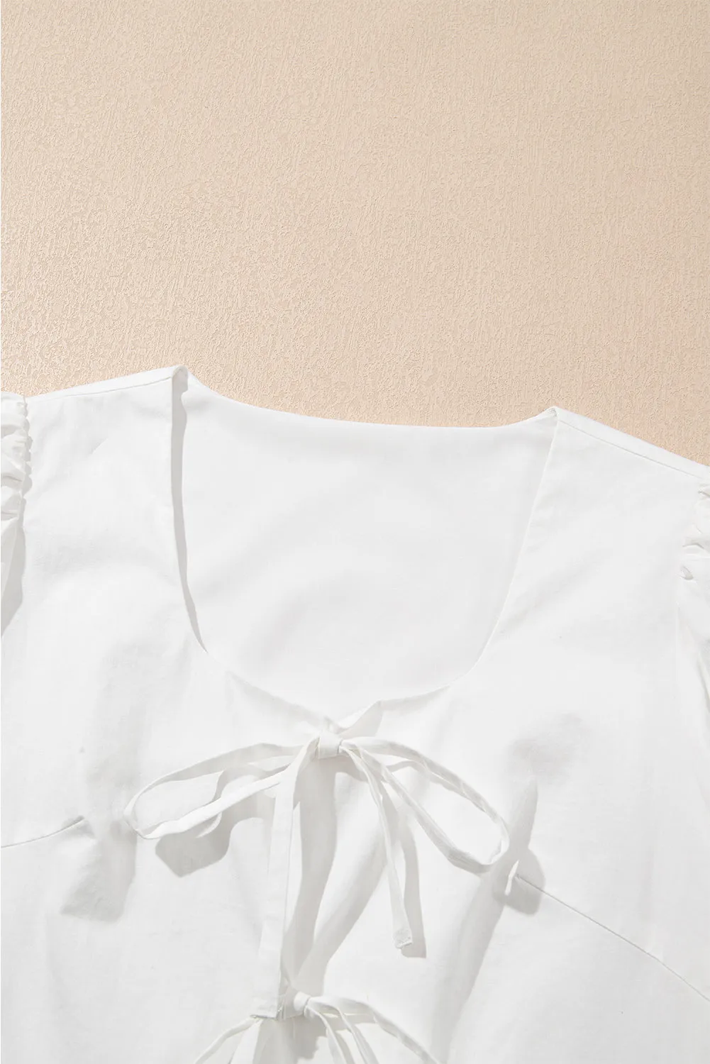 White Bow Knot Decor Square Neck Puff Sleeve Peplum Blouse