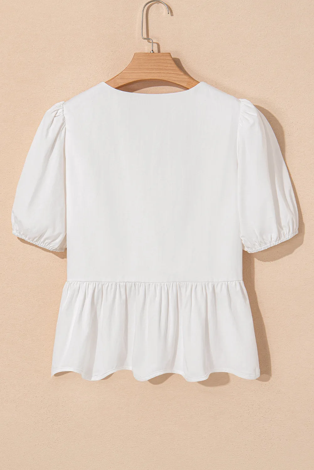 White Bow Knot Decor Square Neck Puff Sleeve Peplum Blouse