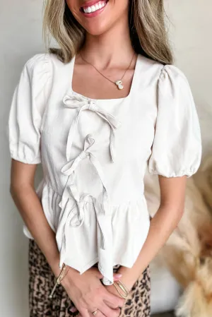 White Bow Knot Decor Square Neck Puff Sleeve Peplum Blouse