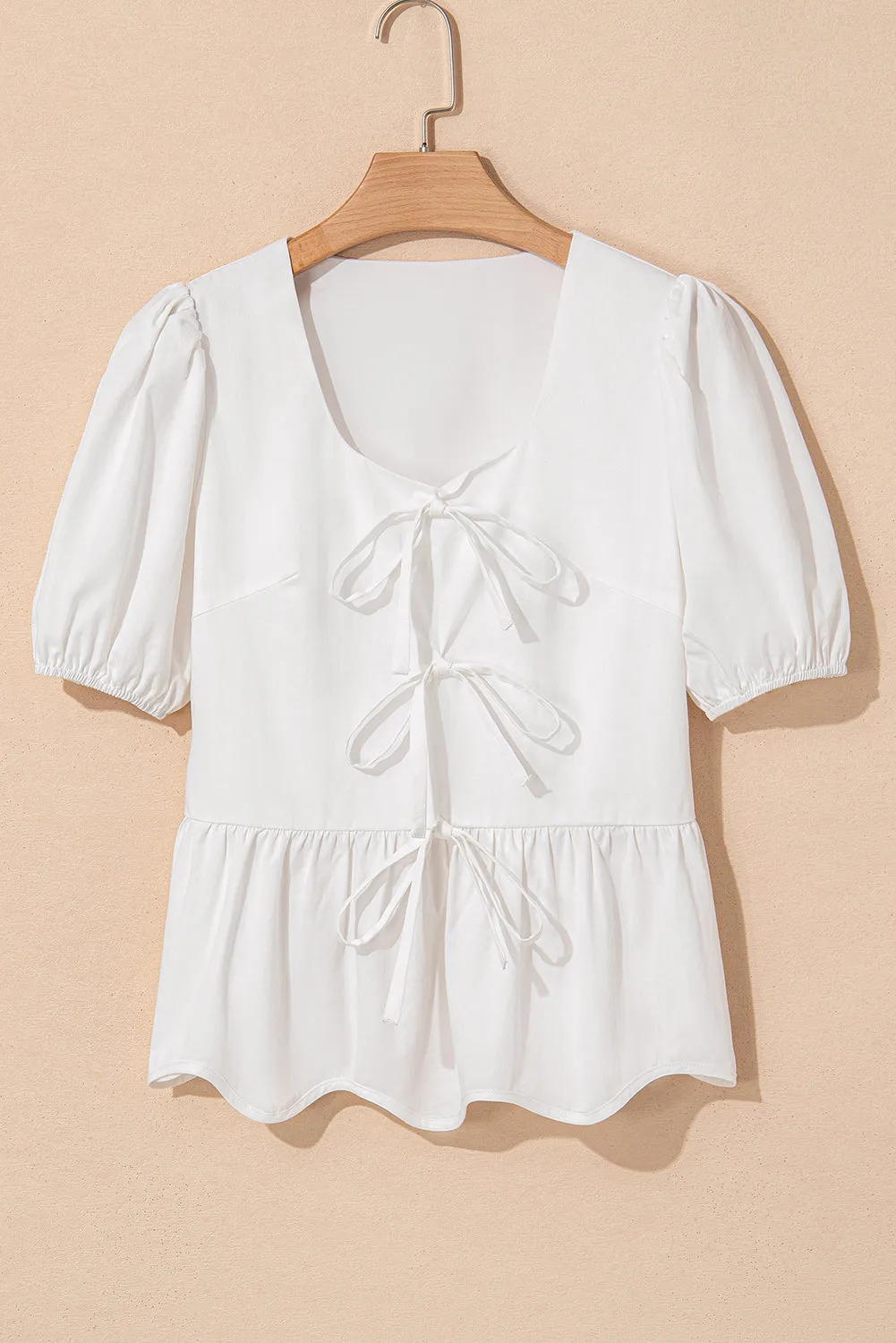 White Bow Knot Decor Square Neck Puff Sleeve Peplum Blouse