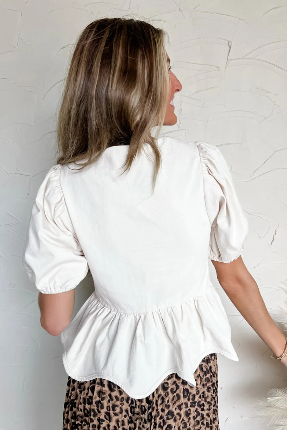 White Bow Knot Decor Square Neck Puff Sleeve Peplum Blouse