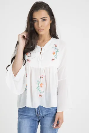 White Embroidered Bell Sleeve Blouse - Felicia