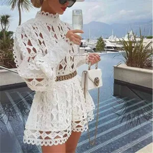 White Lace Summer One Piece Suit Summer Casual Jumpsuit Blouse Shirt Shorts Suit
