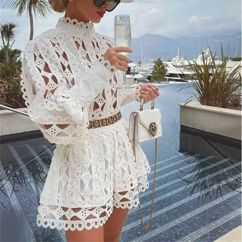 White Lace Summer One Piece Suit Summer Casual Jumpsuit Blouse Shirt Shorts Suit