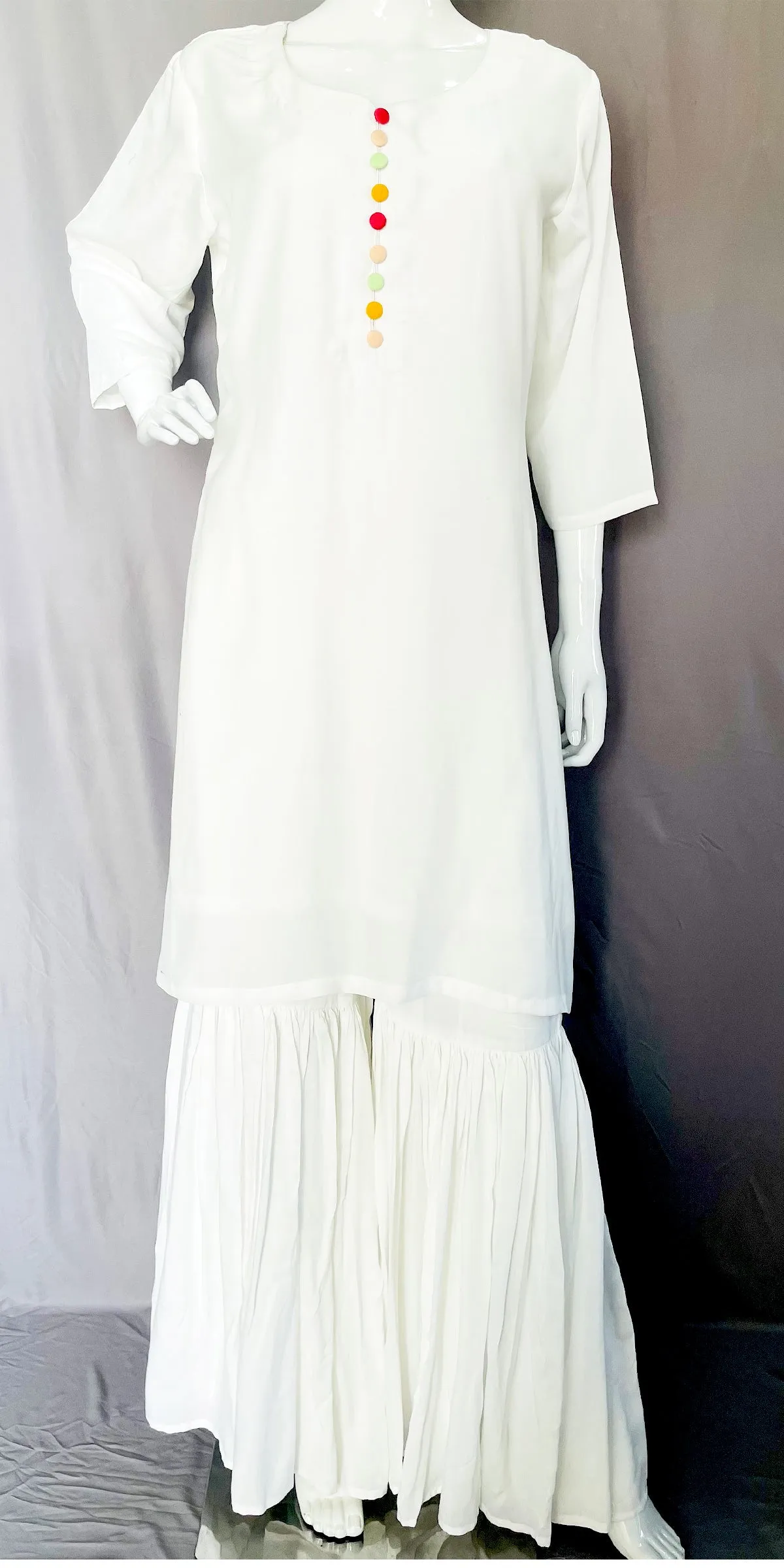 White Pure Muslin kurta Sharara With Yellow Red Tie Dye Dupatta