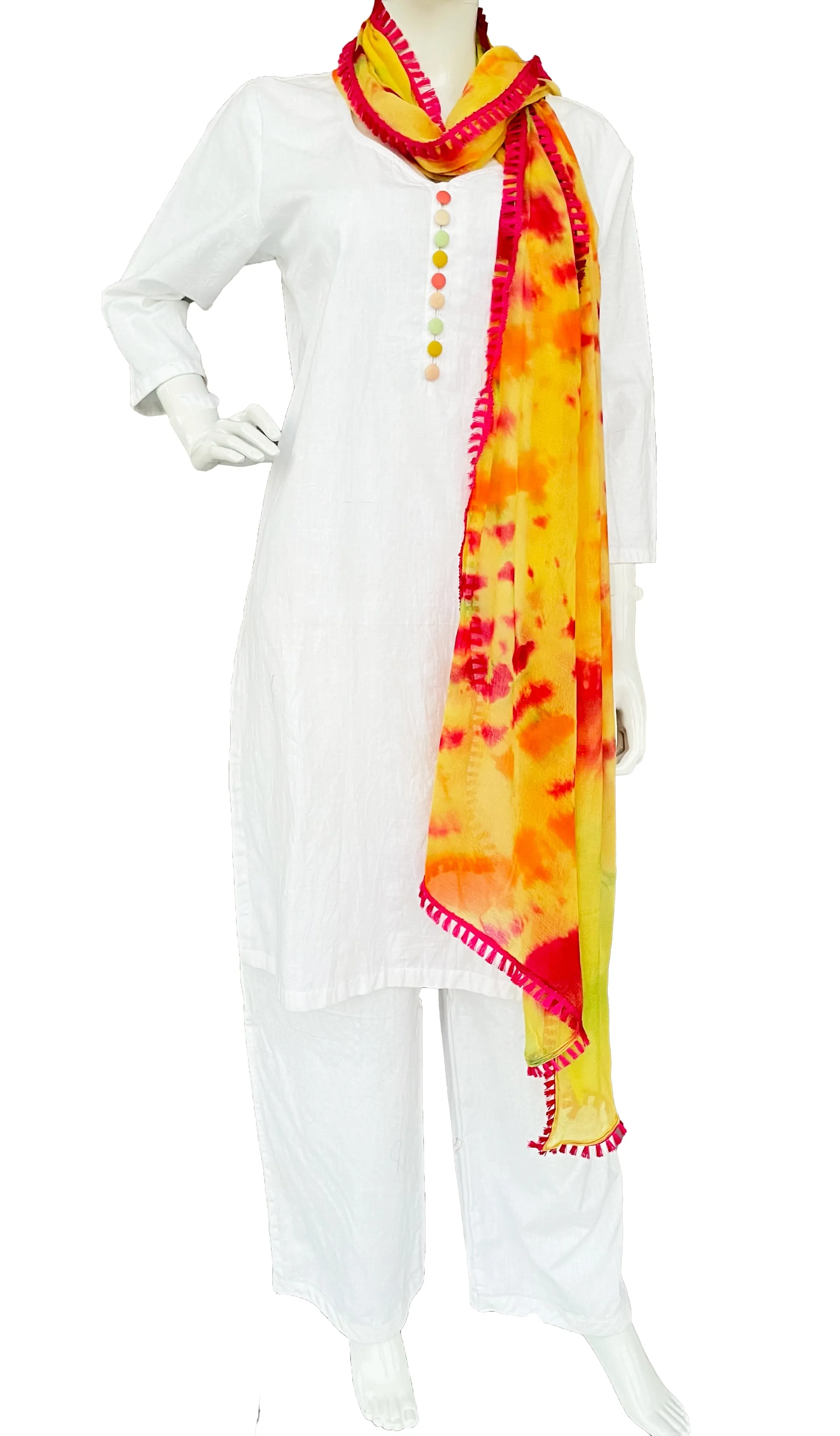 White Pure Muslin kurta Sharara With Yellow Red Tie Dye Dupatta
