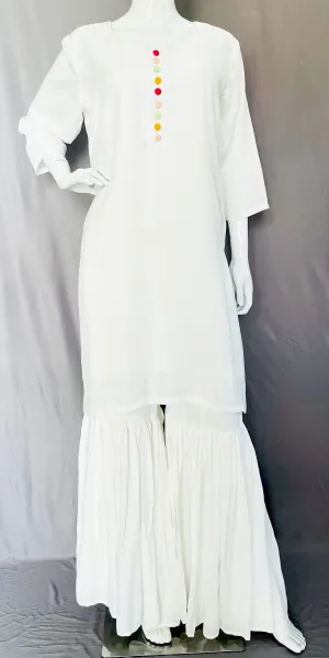 White Pure Muslin kurta Sharara With Yellow Red Tie Dye Dupatta