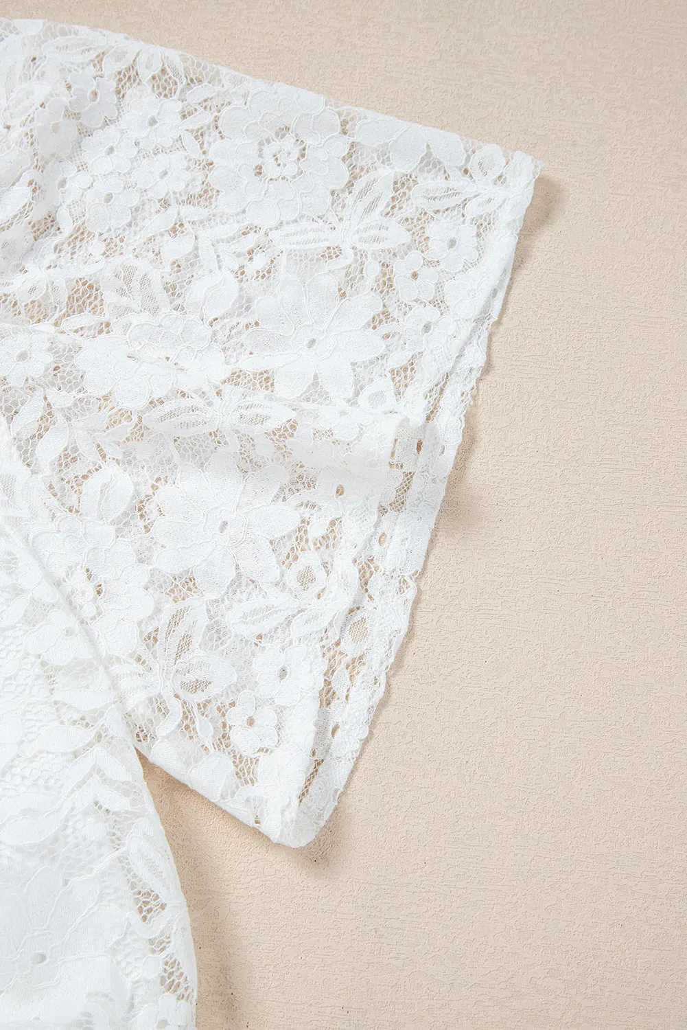 White Short Sleeve Scalloped Floral Lace Peplum Blouse