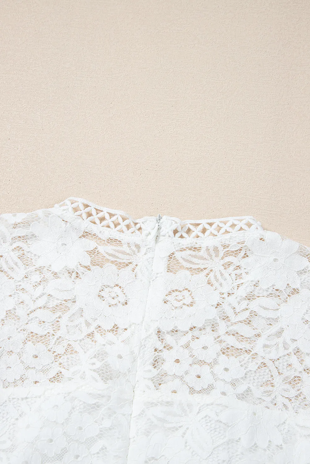 White Short Sleeve Scalloped Floral Lace Peplum Blouse