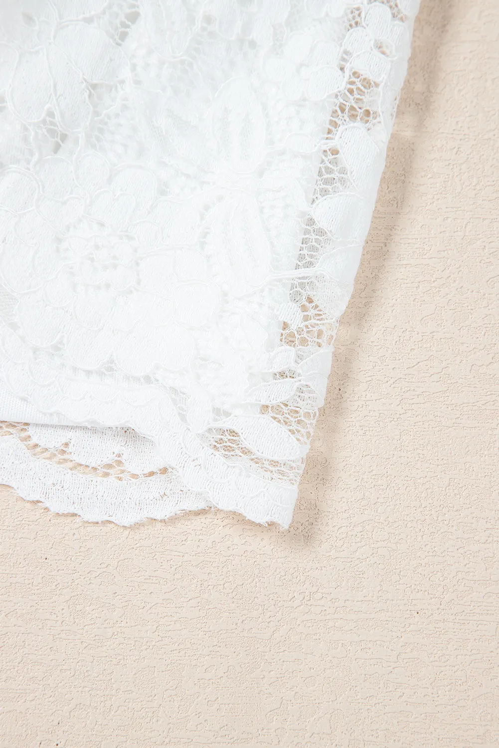 White Short Sleeve Scalloped Floral Lace Peplum Blouse