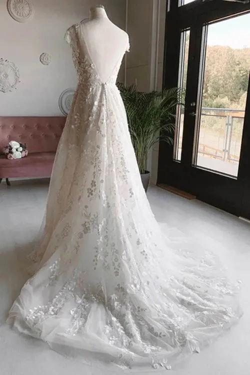White Tulle V-neck Sleeveless Open Back Long Lace Flower Wedding Dresses,MW462