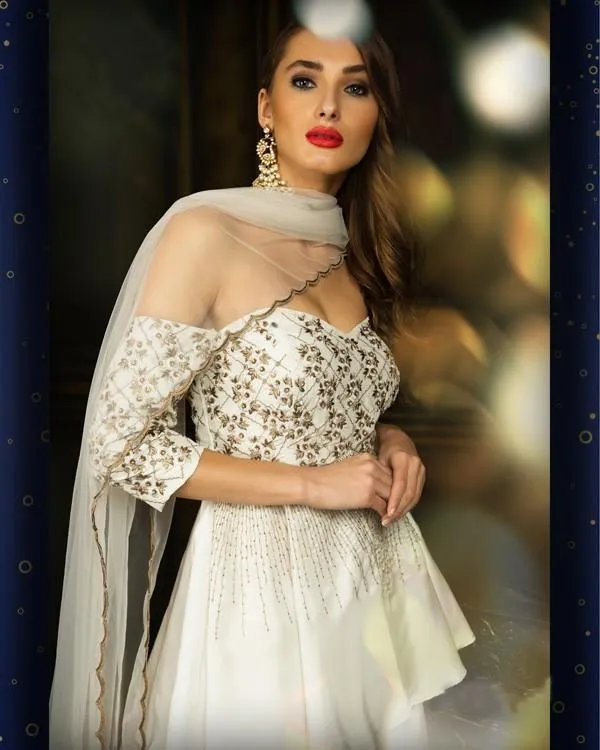 White/Ivory Off Shoulder Silk Lehenga