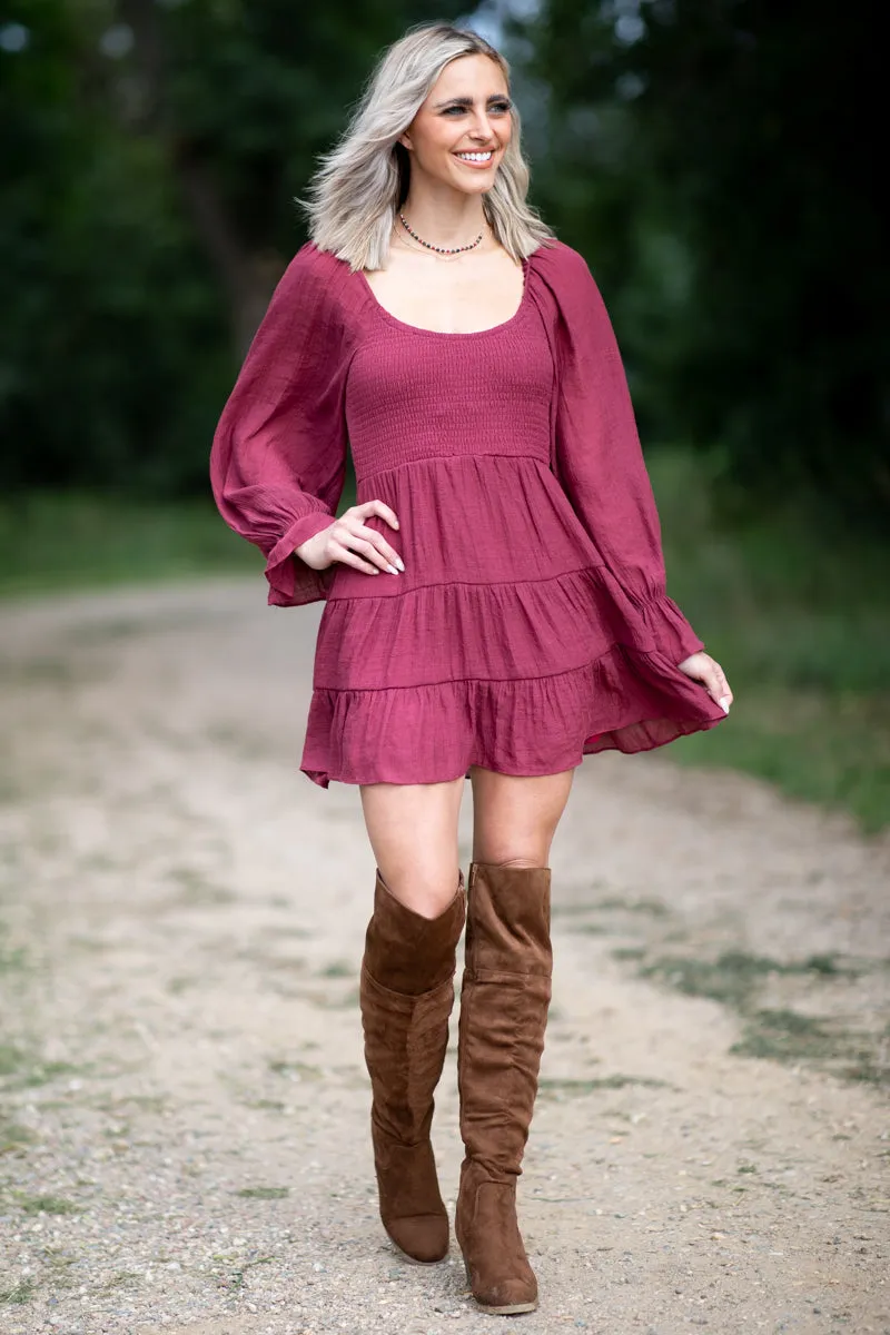 Wine Smocked Bodice Tiered Skirt Dress