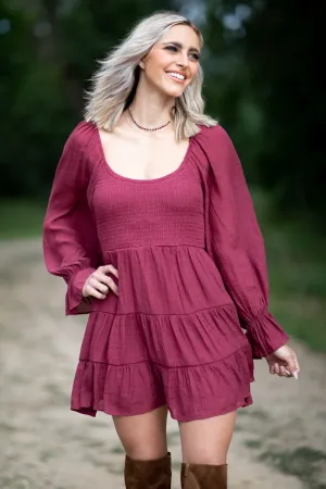 Wine Smocked Bodice Tiered Skirt Dress