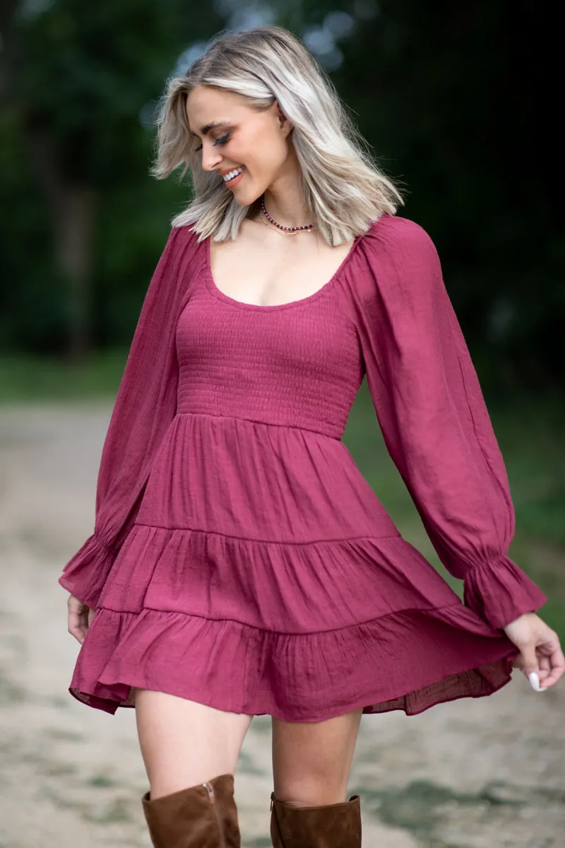 Wine Smocked Bodice Tiered Skirt Dress