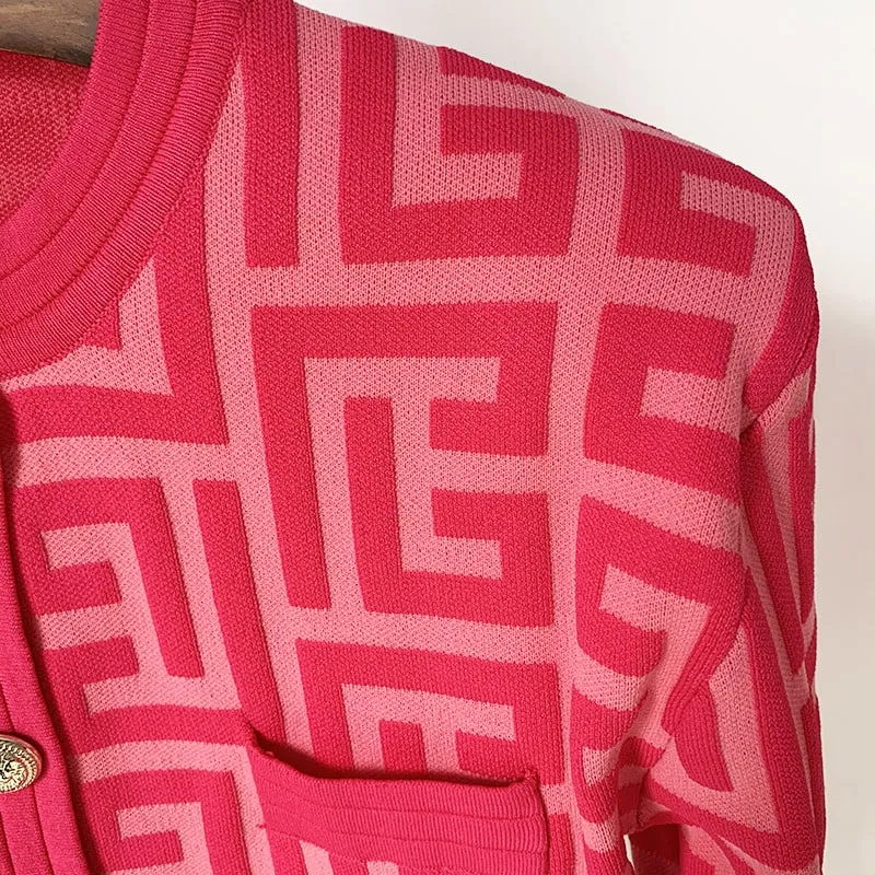 Women Maze Cardigan Suit   Trousers Two Piece Pink Sweater Suit