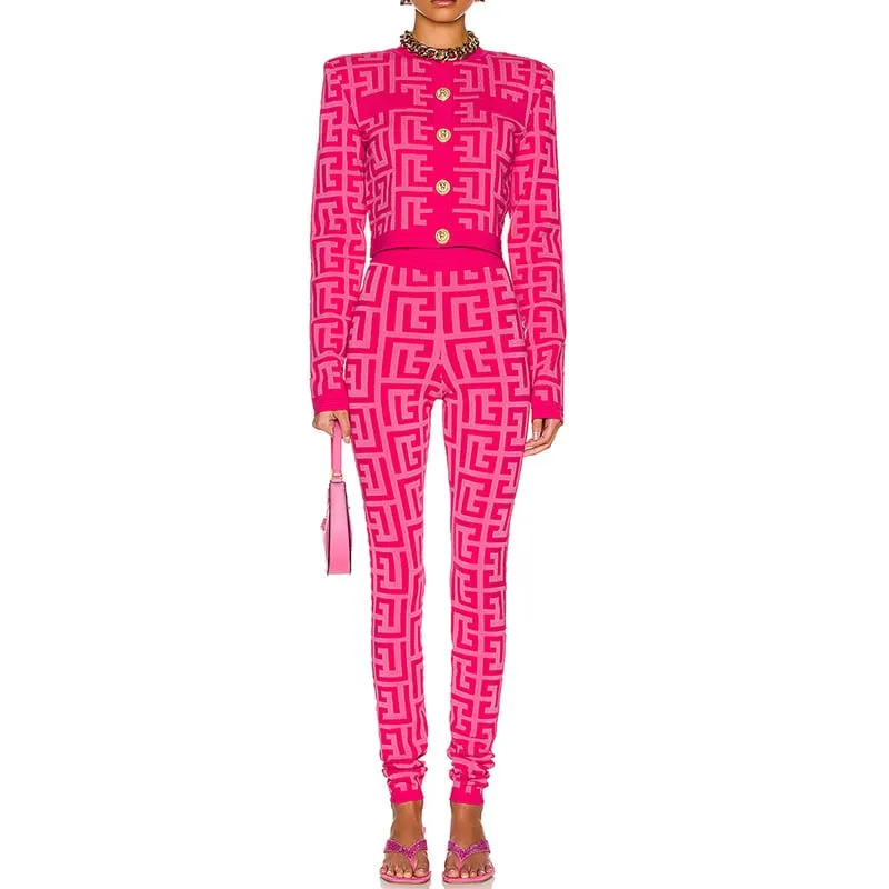 Women Maze Cardigan Suit   Trousers Two Piece Pink Sweater Suit