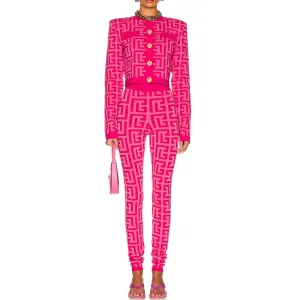 Women Maze Cardigan Suit   Trousers Two Piece Pink Sweater Suit
