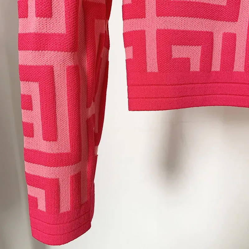 Women Maze Cardigan Suit   Trousers Two Piece Pink Sweater Suit