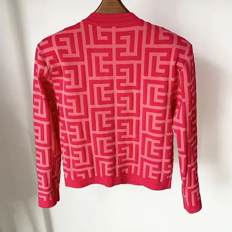 Women Maze Cardigan Suit   Trousers Two Piece Pink Sweater Suit