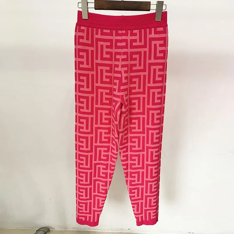 Women Maze Cardigan Suit   Trousers Two Piece Pink Sweater Suit
