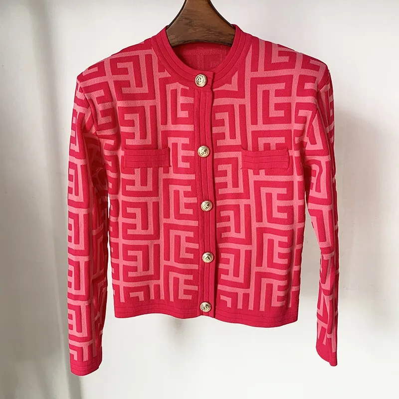 Women Maze Cardigan Suit   Trousers Two Piece Pink Sweater Suit