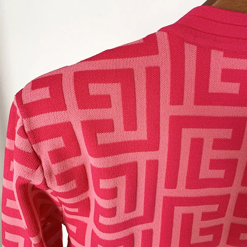 Women Maze Cardigan Suit   Trousers Two Piece Pink Sweater Suit