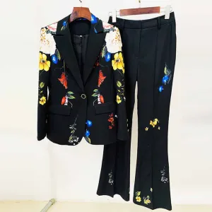 Women One Button Multi-Color Flowers Fitted Blazer   Flare Trousers Black Pants Suit, Party Suit