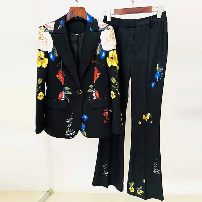 Women One Button Multi-Color Flowers Fitted Blazer   Flare Trousers Black Pants Suit, Party Suit