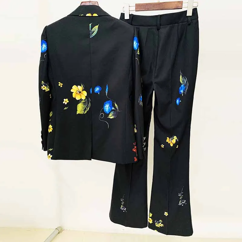 Women One Button Multi-Color Flowers Fitted Blazer   Flare Trousers Black Pants Suit, Party Suit