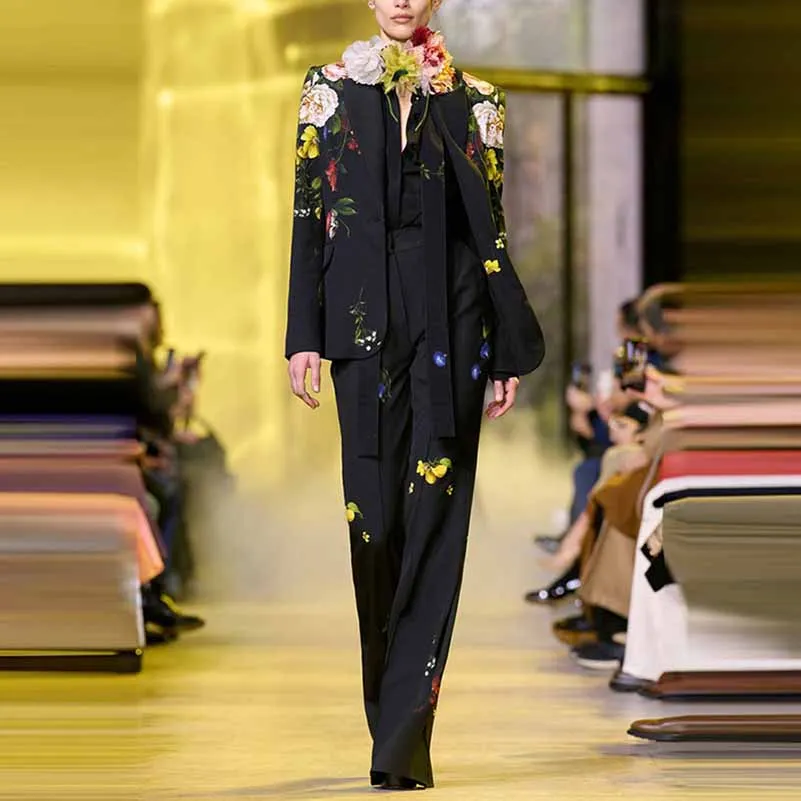 Women One Button Multi-Color Flowers Fitted Blazer   Flare Trousers Black Pants Suit, Party Suit