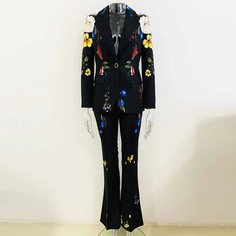 Women One Button Multi-Color Flowers Fitted Blazer   Flare Trousers Black Pants Suit, Party Suit