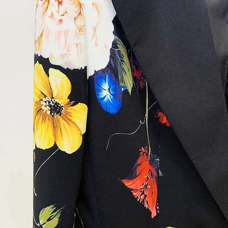 Women One Button Multi-Color Flowers Fitted Blazer   Flare Trousers Black Pants Suit, Party Suit