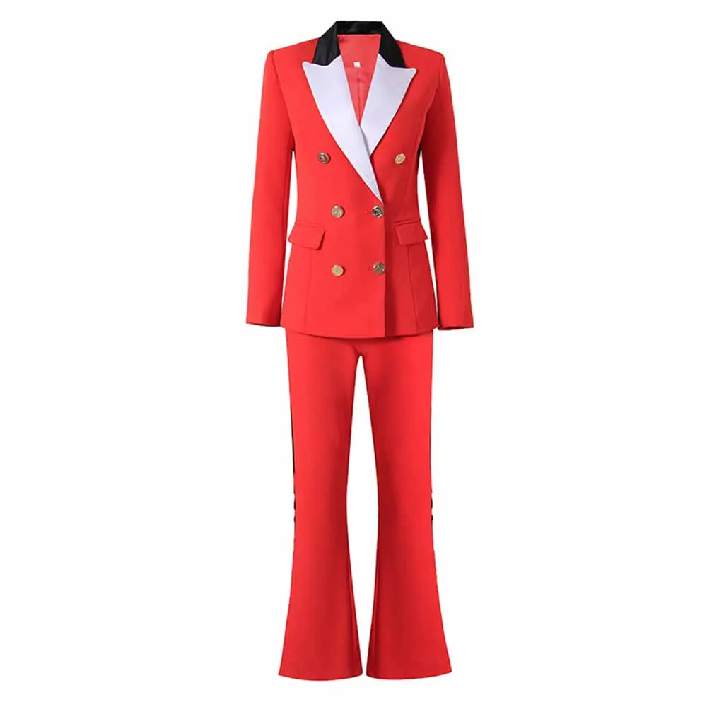 Women red wedding pantsuit white collar One-button Party pant suit