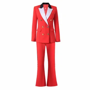 Women red wedding pantsuit white collar One-button Party pant suit